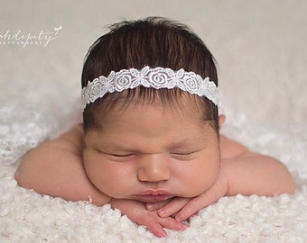 White Floral Lace Headband for Christenings, Baptism, Weddings, Baby Photo Props, Newborn Photos, White Floral Lace, by Lil Miss Sweet Pea