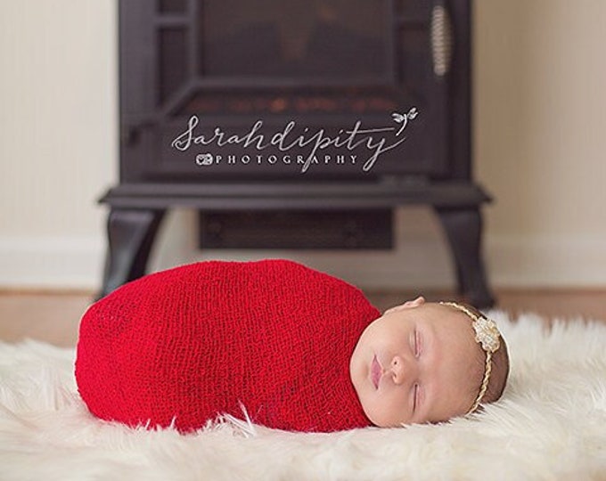 Red Baby Swaddle Wrap AND/OR Matching Gold/white Headband, Stretch Knit