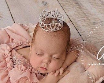 RHINESTONE CROWN in silver with clear stones for newborn, baby crown, tiara, maternity photos, cake topper, bebe infant, Lil Miss Sweet Pea