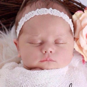 White Headband in White Embroidered Rose Design Trim for a delicate look, perfect for all ages, by Lil Miss Sweet Pea