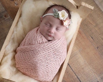 Textured Blush Knit Swaddle Wrap or Layering for Newborn Photos AND/OR Matching Couture Flower Headband bebe bandeau by Lil Miss Sweet Pea