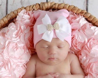 Pink Newborn Hospital Hat with a White Grosgrain Bow Adorned with a Pearl & Rhinestone Button, baby hat, infant, Lil Miss Sweet Pea Boutique