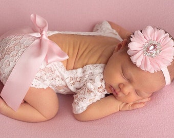 Newborn unlined white lace romper, choice of pink ribbon bow on romper back AND/OR pink flower headband, photoshoot, Lil Miss Sweet Pea