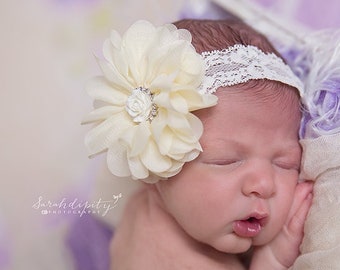 Ivory Flower on Ivory Soft Stretch Lace Elastic or Alligator Clip with a rose and rhinestone center, by Lil Miss Sweet Pea