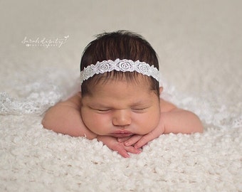 White Floral Lace Headband for Christenings, Baptism, Weddings, Baby Photo Props, Newborn Photos, White Floral Lace, by Lil Miss Sweet Pea