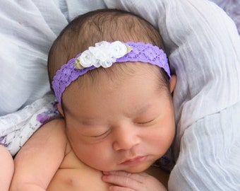 Purple and white newborn headband , stretch lace , vintage lace , newborn , baby headband by Lil Miss Sweet Pea