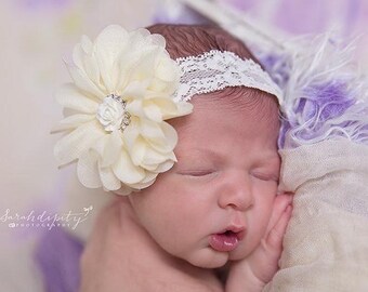 Ivory Flower on Ivory Soft Stretch Lace Elastic or Alligator Clip with a rose and rhinestone center, by Lil Miss Sweet Pea