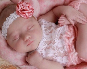 Peachy Pink knit fabric and lace halter top romper AND/OR satin flower lace headband for newborn photos, by Lil Miss Sweet Pea