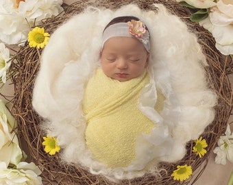 Light Yellow Stretchy Knit Wrap AND/OR Mulberry Paper Flower Headband on silk tieback, photo shoots, swaddle wrap, bebe, Lil Miss Sweet Pea