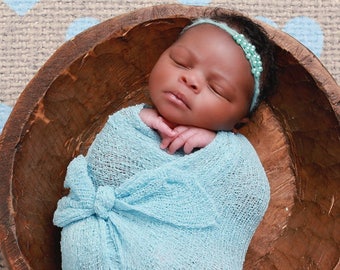 Sky Blue Stretch Knit Newborn Wrap 39 x 72 inches, AND/OR headband, newborn photos, Lil Miss Sweet Pea