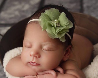 Pretty 2 inch sage petal flower on skinny ivory elastic, just perfect for a newborn, photo shoots or everyday, Lil Miss Sweet Pea