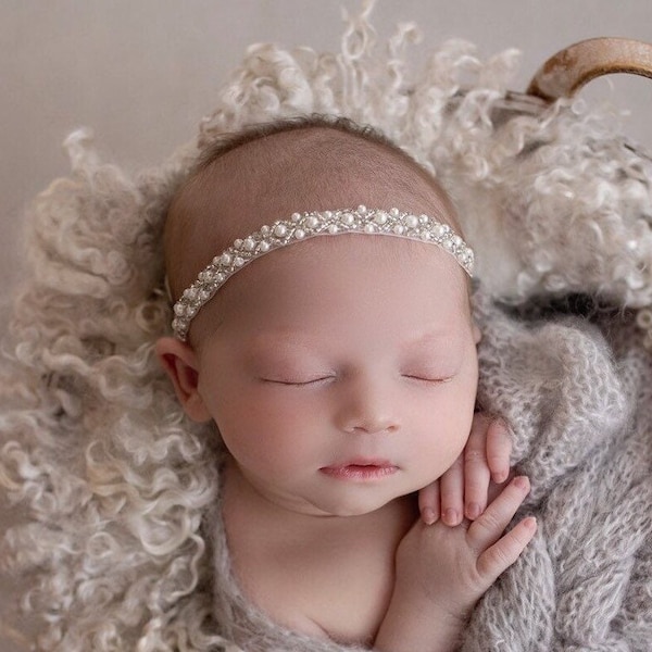 Pearl Headband, hand-beaded pearls and clear beads, newborn photo shoots, Christening, Baptism, Lil Miss Sweet Pea