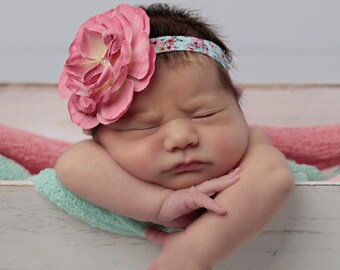 Newborn Baby Wraps in Peony AND/or Mint AND/or Headband for newborns, photo shoots infant, baby photo, bebe/ Lil Miss Sweet Pea 22/118
