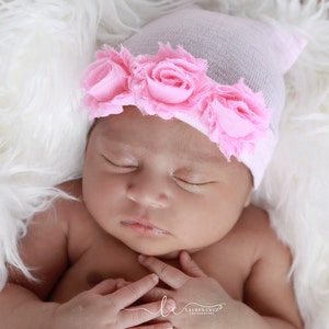 Newborn Hospital Hat, Pink & White Stripe with Shabby Roses, baby hat, take home hat, hospital, hat by Lil Miss Sweet Pea Boutique image 1