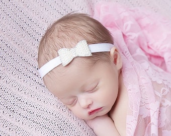 Pink stretch lace swaddle wrap AND/OR rhinestone pearl bow headband, photographer, by Lil Miss Sweet Pea