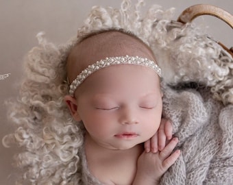 Pearl Headband, hand-beaded pearls and clear beads, newborn photo shoots, Christening, Baptism, Lil Miss Sweet Pea