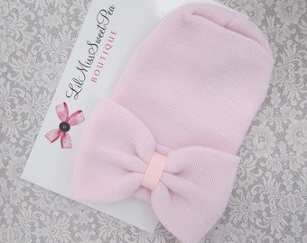 Baby Pink Newborn Hospital Hat with a matching pink fabric bow, double ply, hospital grade, beenie, baby hat, Lil Miss Sweet Pea Boutique