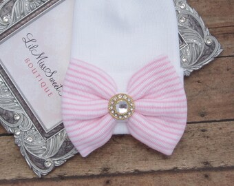NEW fitted top newborn hospital hat, pink stripe bow with vintage gold button, latex free, outfit, baby beenie, by Lil Miss Sweet Pea