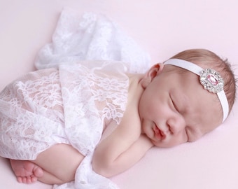 White Stretch Lace Wrap AND/OR Pink or Purple Rhinestone Headband, newborn photo shoots, baby, lace wrap, Lil Miss Sweet Pea