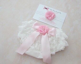 Newborn White Lace Bloomers with a Pink Satin Bow & Baby Pink Flower AND/OR Lace Headband, newborn photos, Lil Miss Sweet Pea Boutique