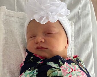 Newborn Hospital Hat, white with 4 inch pink or white chiffon flower, baby hat, infant, shower gift, Lil Miss Sweet Pea