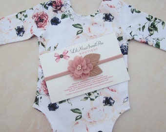 Newborn Romper, Printed Stretch Jersey, AND/OR matching single flower headband with leaves, photoshoot, newborn girl/ Lil Miss Sweet Pea