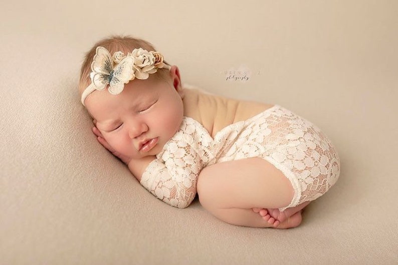 Newborn Lace Romper, unlined, in light Ivory AND/or butterfly adorned paper flower headband AND/or Pearl Swaddle by Lil Miss Sweet Pea image 2