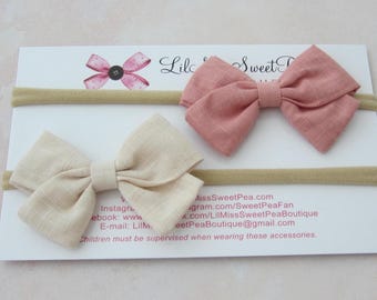 Bows for newborns, 3" linen bows on a nude soft stretch headband, light tan and a rose pink, perfect for newborn photos,Lil Miss Sweet Pea