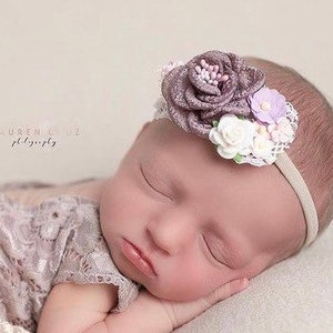 Couture headband, PLUM or SAGE, for newborn or older girls photos, fabric and paper flowers, by Lil Miss Sweet Pea image 7
