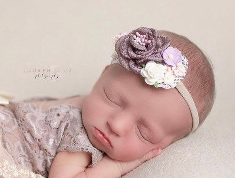 Couture headband, PLUM or SAGE, for newborn or older girls photos, fabric and paper flowers, by Lil Miss Sweet Pea image 7