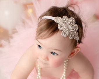 Rhinestone Applique Headband on Soft Stretch 3,8 inch Elastic. Newborn Photo Prop, baby bling, wedding, bride, by Lil Miss Sweet Pea