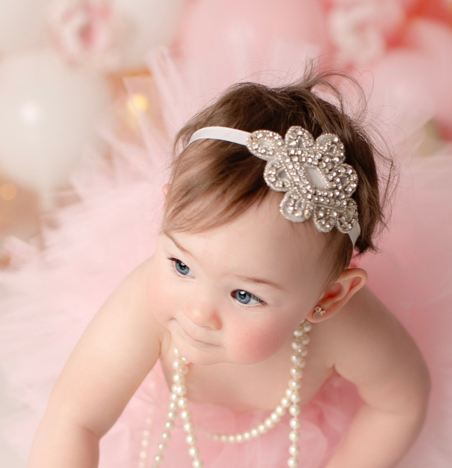 Rhinestone Applique Headband on Soft Stretch 3/8 inch Elastic. Newborn  Photo Prop, baby bling, wedding, bride, by Lil Miss Sweet Pea