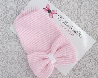 Newborn hospital hat, pink stripe hat & bow, take home hat, baby beenie, infant hat, newborn beenie,by Lil Miss Sweet Pea