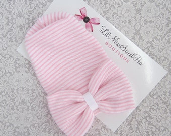 Newborn hospital hat, pink stripe hat & bow, latex free, take home outfit, baby beenie, infant hat, newborn beenie,by Lil Miss Sweet Pea