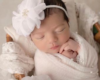 Newborn Swaddle Wrap, Off White, Pearl Adorned, Muslin AND/OR matching 3.75" floral headband, for photos, ONLY by Lil Miss Sweet Pea
