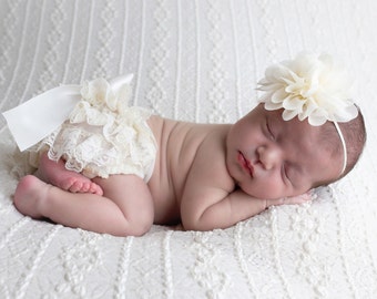 Newborn Ivory Lace Diaper Cover , Bloomer AND/OR Chiffon  4" Flower Headband, bebe foto, Newborn Photographer, Lil Miss Sweet Pea