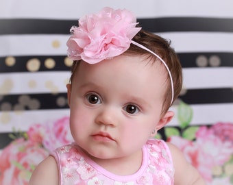 3" Chiffon and Lace Petal Blossom Headband, 10 colors to choose from by Lil Miss Sweet Pea Boutique, photo prop, newborn, baby girl headband