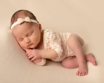 Pearl bow headband AND ,OR Light Ivory Lace Romper, girl newborn photo shoot, baby bandeau, infant girl photo outfit, Lil Miss Sweet Pea