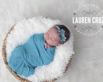 Turquoise Stretch knit swaddle wrapAND/OR double hydrangea headband set, , by Lil MissSweet Pea
