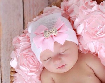 White Newborn Hospital Hat with a Pink Grosgrain Bow Adorned with a Pearl Bow Button, baby hat, Lil Miss Sweet Pea Boutique