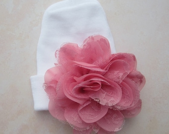 Newborn Hospital Hat, white with 4 inch pink lace and chiffon flower, baby hat, infant, shower gift, Lil Miss Sweet Pea