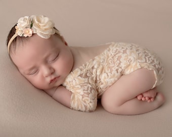Ivory Lace Romper for Newborn Photos AND/OR flower headband, stretch lace, children's photo prop, baby girl boho,  by Lil Miss Sweet Pea
