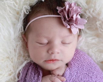 Pretty 2.25 inch Lilac satin flower on skinny elastic, perfect for a newborn, photo shoots or everyday, Lil Miss Sweet Pea