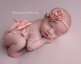 Dusty Rose Newborn Lace Romper Outfit/ lace/ unlined/ AND/OR matching floral headband/ newborn set/ bebe foto, Lil Miss Sweet Pea