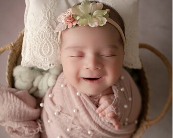 Newborn Blush Pearl Adorned Swaddle AND/OR Headband, newborn photos, baby girl wrap set, baby shower gift, by Lil Miss Sweet Pea