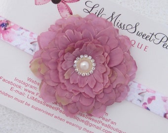 Floral Elastic Headband/ dusty mauve flower/ newborn photo shoot/ bebe foto/ Lil Miss Sweet Pea