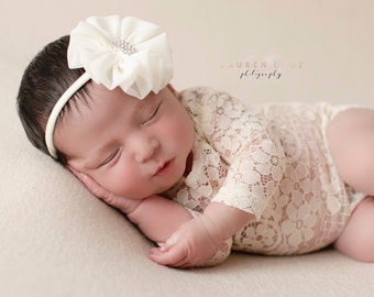 Newborn Ivory Lace Romper, unlined, AND/OR flower headband, Optional back bow on romper,  Lil Miss Sweet Pea