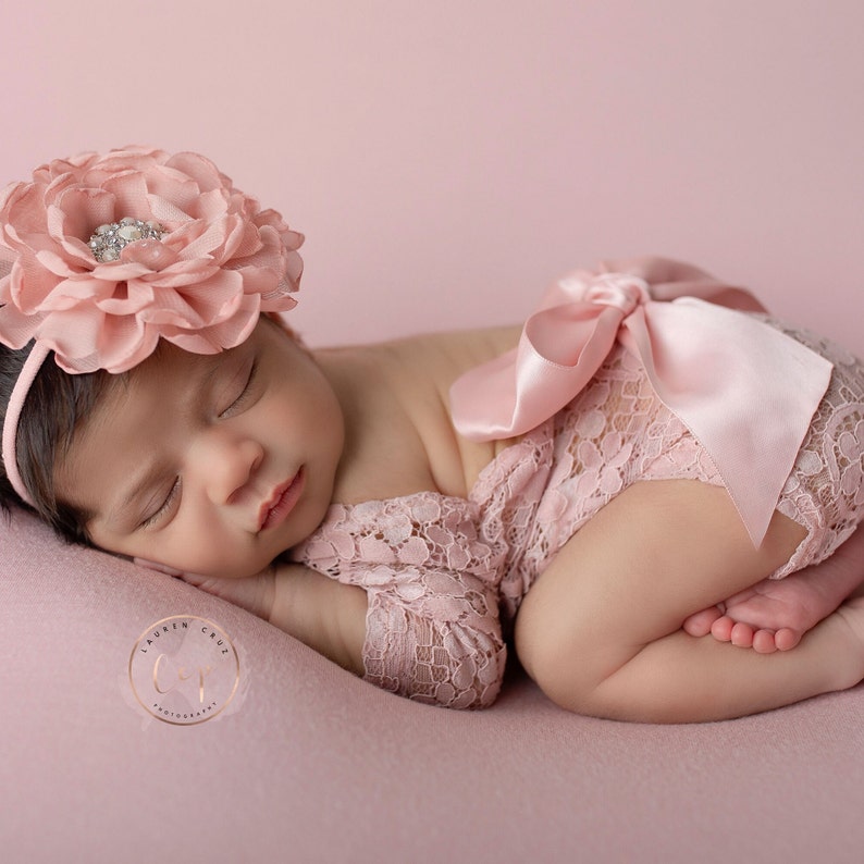 Newborn Lace Romper with 5 color options/ w/sleeves/ unlined/ AND/OR 4 inch floral headband/ baby photo outfit/ bebe, by Lil Miss Sweet Pea Dusty Rose (Model)