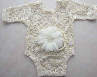 Boho Lace Romper for Newborn Photos AND/OR petal chiffon flower headband, children's photo prop, baby girl boho,  by Lil Miss Sweet Pea