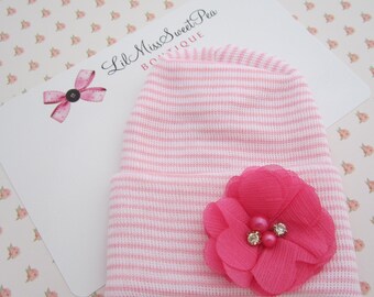 PREEMIE Newborn Hospital Hat, pink and white stripes, baby hat, lil miss sweet pea, infant beanie, shower gift, baby hat, hat with flower